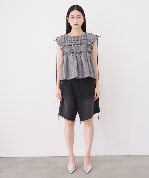 SOEMIN(ソミン)の「Shirred ribbon blouse/シャーリングリボンノースリーブブラウス(シャツ/ブラウス・レディース・ホワイト/チェック/ブラック・FREE)」の12枚目の写真