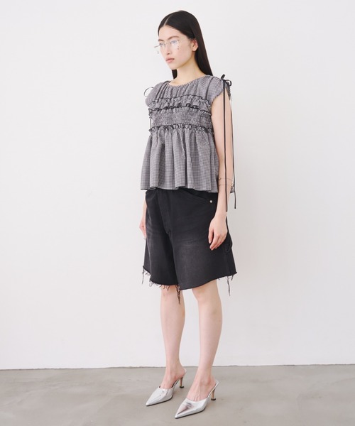 SOEMIN(ソミン)の「Shirred ribbon blouse/シャーリングリボンノースリーブブラウス(シャツ/ブラウス・レディース・ホワイト/チェック/ブラック・FREE)」の13枚目の写真