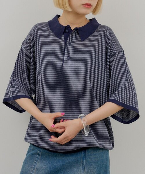 WHIMSIC(ウィムジック)の「【UNISEX】ボーダーポロニットシャツ(ニット/セーター・メンズ・ブラウン/ネイビー・FREE)」の2枚目の写真