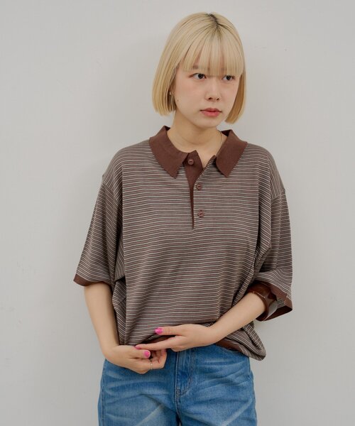 WHIMSIC(ウィムジック)の「【UNISEX】ボーダーポロニットシャツ(ニット/セーター・メンズ・ブラウン/ネイビー・FREE)」の11枚目の写真