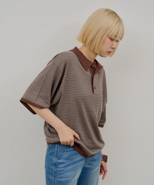 WHIMSIC(ウィムジック)の「【UNISEX】ボーダーポロニットシャツ(ニット/セーター・メンズ・ブラウン/ネイビー・FREE)」の10枚目の写真