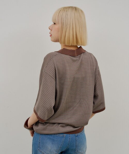 WHIMSIC(ウィムジック)の「【UNISEX】ボーダーポロニットシャツ(ニット/セーター・メンズ・ブラウン/ネイビー・FREE)」の9枚目の写真