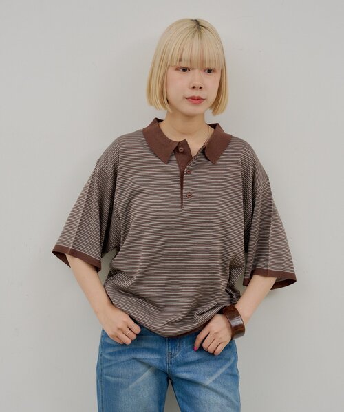 WHIMSIC(ウィムジック)の「【UNISEX】ボーダーポロニットシャツ(ニット/セーター・メンズ・ブラウン/ネイビー・FREE)」の8枚目の写真