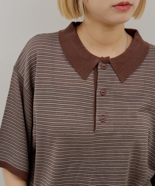 WHIMSIC(ウィムジック)の「【UNISEX】ボーダーポロニットシャツ(ニット/セーター・メンズ・ブラウン/ネイビー・FREE)」の7枚目の写真
