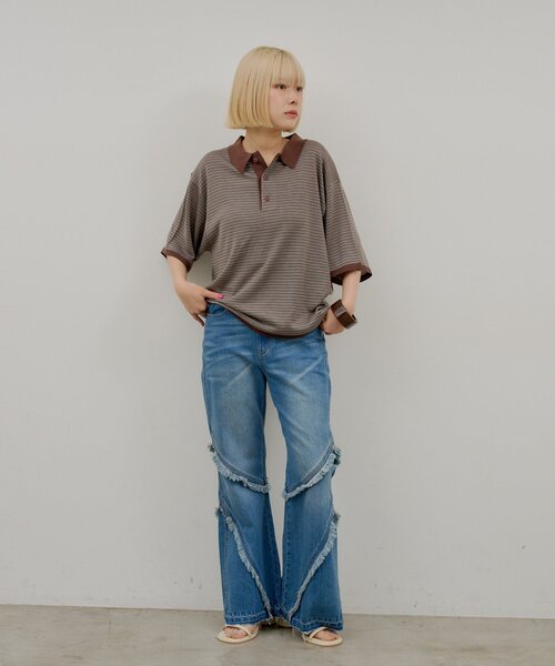 WHIMSIC(ウィムジック)の「【UNISEX】ボーダーポロニットシャツ(ニット/セーター・メンズ・ブラウン/ネイビー・FREE)」の4枚目の写真