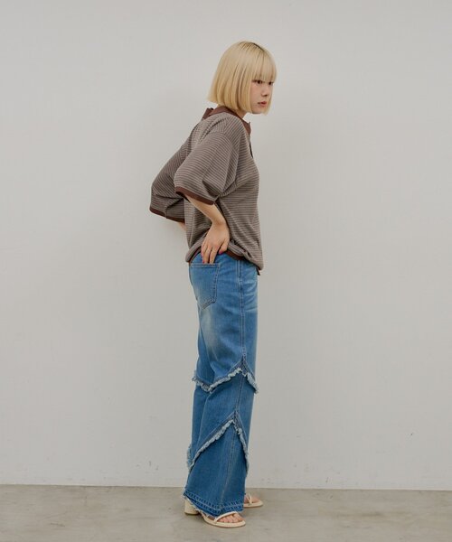 WHIMSIC(ウィムジック)の「【UNISEX】ボーダーポロニットシャツ(ニット/セーター・メンズ・ブラウン/ネイビー・FREE)」の3枚目の写真