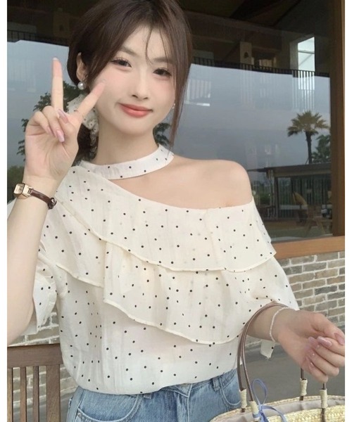 CHEER（チアー）の「チョーカー風ネック ドット柄アシンメトリーフリルブラウス（シャツ/ブラウス・レディース・ホワイト・FREE）」の14枚目の写真