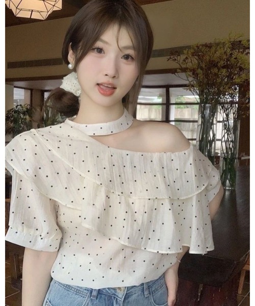 CHEER（チアー）の「チョーカー風ネック ドット柄アシンメトリーフリルブラウス（シャツ/ブラウス・レディース・ホワイト・FREE）」の15枚目の写真