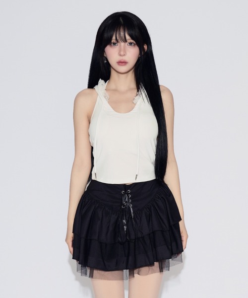 tinkerend(ティンカーエンド)の「【カップ付き】Backless Lace Hoodie / バックオープンレースパーカー(タンクトップ・レディース・ホワイト/ブラック/グレー・FREE)」の4枚目の写真