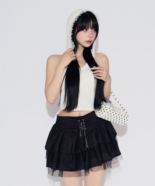 tinkerend(ティンカーエンド)の「【カップ付き】Backless Lace Hoodie / バックオープンレースパーカー(タンクトップ・レディース・ホワイト/ブラック/グレー・FREE)」の8枚目の写真