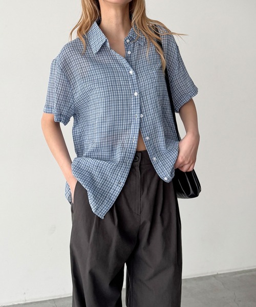 CANAL JEAN(キャナルジーン)の「El mar シアーチェック半袖シャツ(シャツ/ブラウス・レディース・ブルー/ホワイト・ONE SIZE)」の1枚目の写真