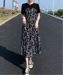花柄切り替え半袖フレアワンピース
