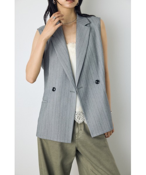 AZUL by moussy(アズールバイマウジー)の「【セットアップ対応】ストライプテーラードジレ 秋服 夏服 ベスト マニッシュ 羽織り(ベスト・レディース・グレー系その他/ベージュ系その他・FREE)」の12枚目の写真