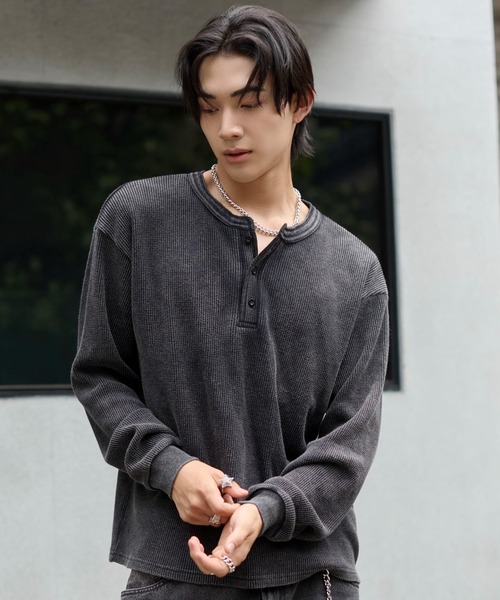 WEGO(ウィゴー)の「WEGO/【26年秋冬新作】ワッフルヘンリーネックT(Tシャツ/カットソー・メンズ・グリーン系その他/ブラック系その他/ホワイト/ブラック・MEDIUM/LARGE)」の4枚目の写真