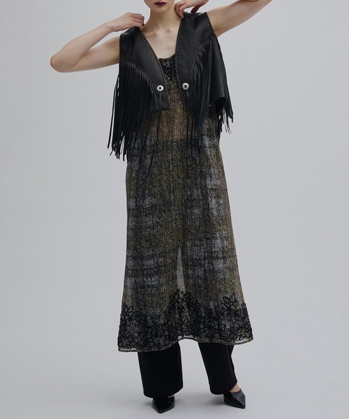 Ameri（アメリ）の「VINTAGE CHECK EMBROIDERY LONG CAMISOLE（キャミソール・レディース・ベージュ/ブラウン・SMALL/MEDIUM）」の11枚目の写真