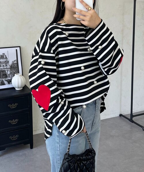 prose verse(プロズヴェール)の「ハートエルボーパッチパールボーダートップス(Tシャツ/カットソー・レディース・オフホワイト/ブラック・FREE)」の1枚目の写真
