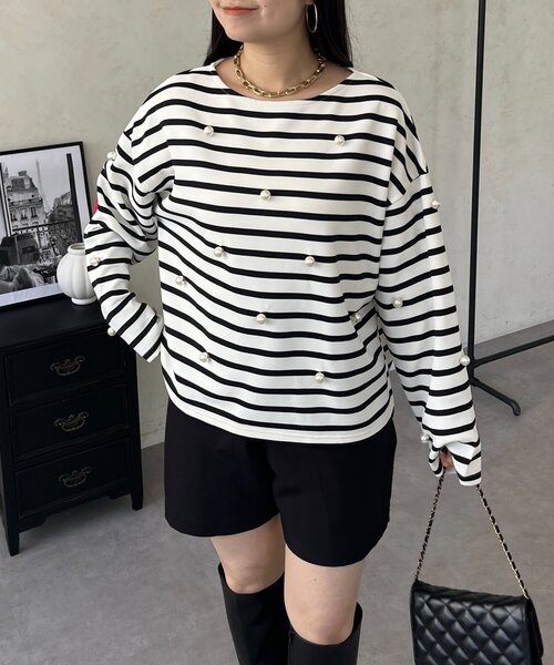 prose verse(プロズヴェール)の「ハートエルボーパッチパールボーダートップス(Tシャツ/カットソー・レディース・オフホワイト/ブラック・FREE)」の5枚目の写真