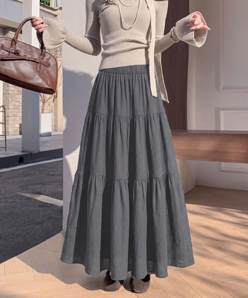 2ly2（トゥーリートゥー）の「ティアードロングスカート / フレアスカート ウエストゴム Aライン マキシスカート（スカート・レディース・カーキ/ブラック/ブラウン・FREE）」の5枚目の写真
