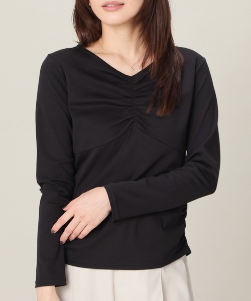 GLACIER lusso(グラシアルッソ)の「フロントギャザートップス(Tシャツ/カットソー・レディース・アイボリー/モカ/ブルーグリーン/ブラック・L/LL/M/S)」の2枚目の写真