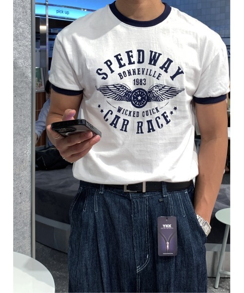 LOOKPLE（ルックプル）の「セミマッスルフィット リンガー半袖Tシャツ（ホワイト）（Tシャツ/カットソー・メンズ・ホワイト・FREE）」の9枚目の写真