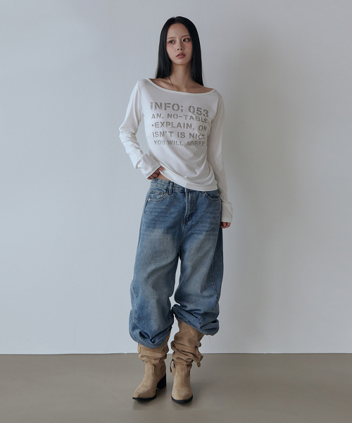 5OML(オーオーエムエル)の「ボートネック レタリング オフショルダー ロングスリーブ(アイボリー)(Tシャツ/カットソー・レディース・アイボリー・FREE)」の3枚目の写真