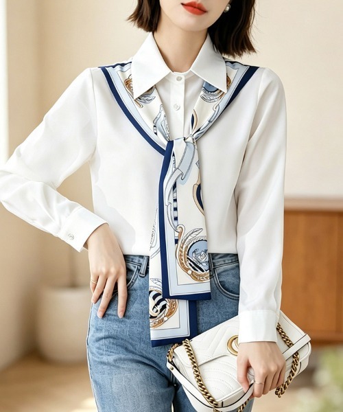 ONEP STAR(ワンピスター)の「スカーフ風タイ付き長袖ブラウス(シャツ/ブラウス・レディース・ホワイト・X-LARGE/LARGE/MEDIUM)」の11枚目の写真