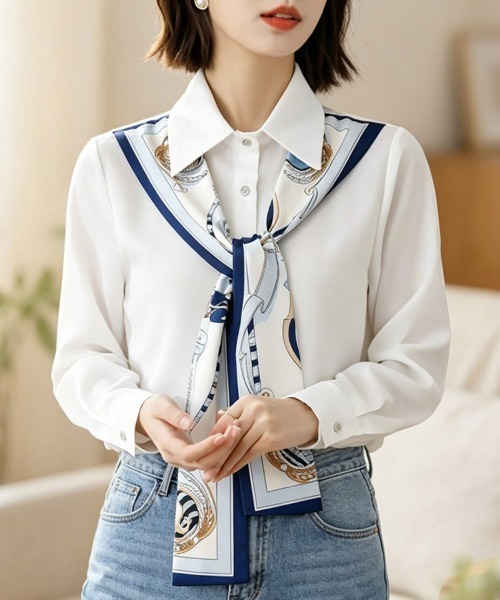 ONEP STAR(ワンピスター)の「スカーフ風タイ付き長袖ブラウス(シャツ/ブラウス・レディース・ホワイト・X-LARGE/LARGE/MEDIUM)」の12枚目の写真