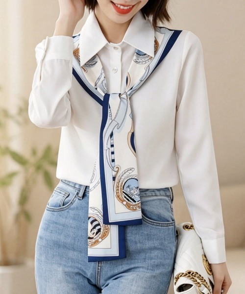 ONEP STAR(ワンピスター)の「スカーフ風タイ付き長袖ブラウス(シャツ/ブラウス・レディース・ホワイト・X-LARGE/LARGE/MEDIUM)」の2枚目の写真