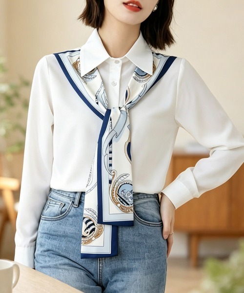 ONEP STAR(ワンピスター)の「スカーフ風タイ付き長袖ブラウス(シャツ/ブラウス・レディース・ホワイト・X-LARGE/LARGE/MEDIUM)」の4枚目の写真