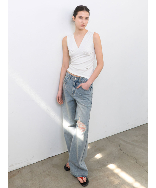 ATELIER NAIN(アトリエナイン)の「ダメージウォッシュワイドデニム (PT-5793)(デニムパンツ・レディース・ライトブルー・SMALL/MEDIUM)」の3枚目の写真