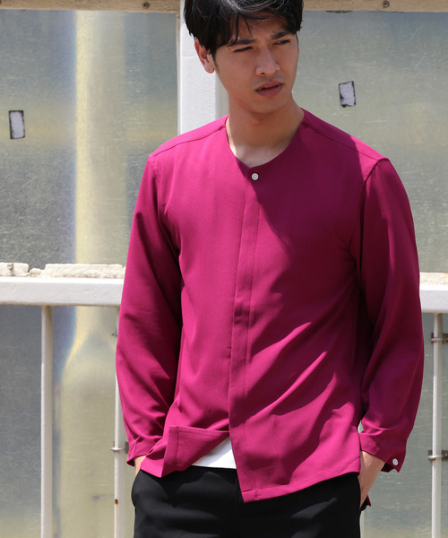 JUNRED(ジュンレッド)の「ジョーゼットノーカラーシャツ(シャツ/ブラウス・メンズ・ピンク/ブルー系その他5/ワイン・S/M/L)」の1枚目の写真