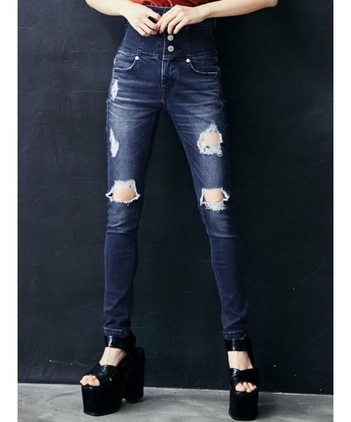 EMODA（エモダ）の「アシンメトリークラッシュハイウエストパギンス（デニムパンツ・レディース・ライトブルー/ブラック/インディゴブルー・SMALL/MEDIUM/X-SMALL）」の3枚目の写真