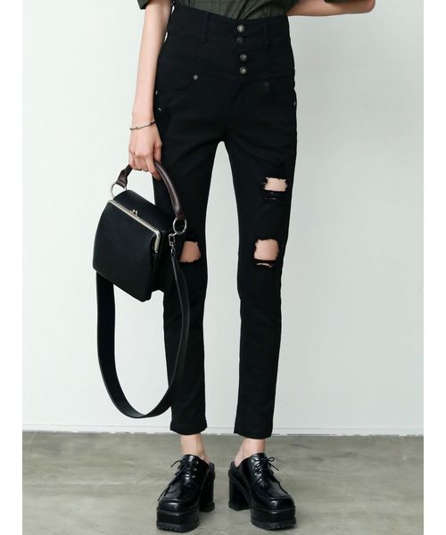 EMODA（エモダ）の「アシンメトリークラッシュハイウエストパギンス（デニムパンツ・レディース・ライトブルー/ブラック/インディゴブルー・SMALL/MEDIUM/X-SMALL）」の2枚目の写真