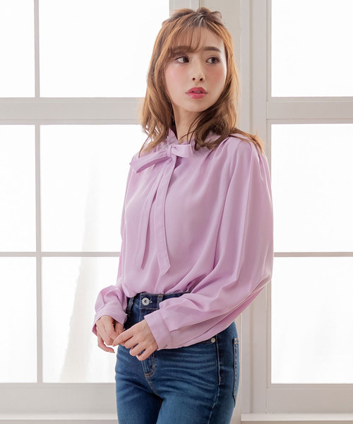 夢展望(ユメテンボウ)の「ボウタイリボンタックボリュームスリーブブラウス(シャツ/ブラウス)」|ライラック