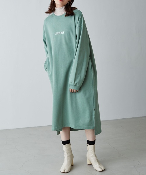 CONVERSE（コンバース）の「CONVERSE/コンバース Chaco closet 別注 限定 フロント刺繍 ボリュームスリーブ ポケット付き サイドスリット スウェットロングワンピース（ワンピース・レディース・ブラック/ベージュ/ネイビー/カーキ/アイボリー/モカ/グリーン系その他・FREE）」の6枚目の写真