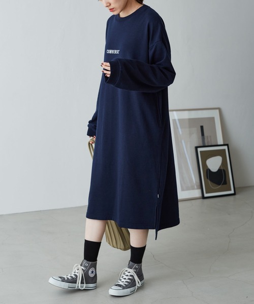 CONVERSE（コンバース）の「CONVERSE/コンバース Chaco closet 別注 限定 フロント刺繍 ボリュームスリーブ ポケット付き サイドスリット スウェットロングワンピース（ワンピース・レディース・ブラック/ベージュ/ネイビー/カーキ/アイボリー/モカ/グリーン系その他・FREE）」の7枚目の写真