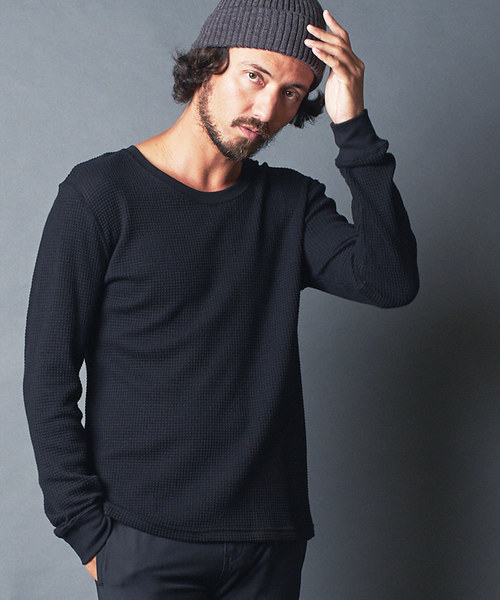 Magine(マージン)の「CTN WAFFLE C/N L/S:コットン ワッフル クルーネック ロングスリーブ(Tシャツ/カットソー)」|ブラック