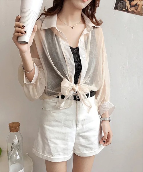 シフォンシアーシャツブラウス 裾結び