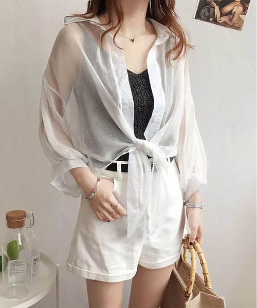 シフォンシアーシャツブラウス 裾結び