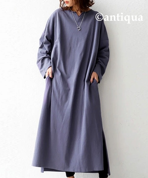 antiqua（アンティカ）の「ちょうど良い。女っぽキーネックワンピース（ワンピース・レディース・パープル系その他/ブラック/ライム・FREE）」の3枚目の写真