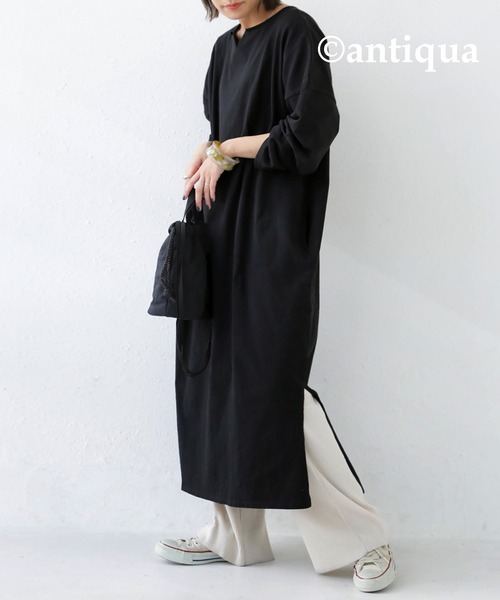 antiqua（アンティカ）の「ちょうど良い。女っぽキーネックワンピース（ワンピース・レディース・パープル系その他/ブラック/ライム・FREE）」の4枚目の写真