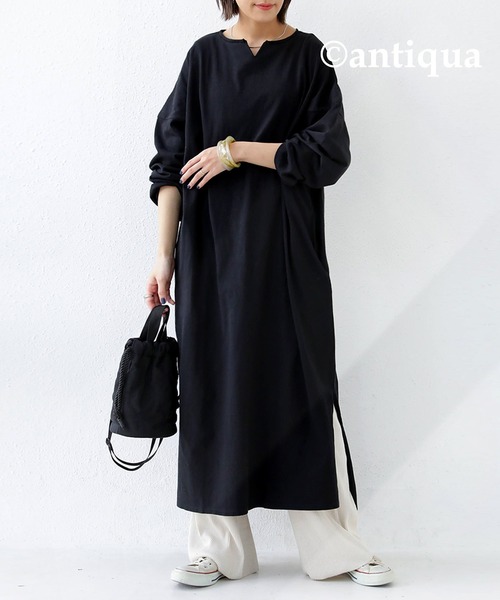 antiqua（アンティカ）の「ちょうど良い。女っぽキーネックワンピース（ワンピース・レディース・パープル系その他/ブラック/ライム・FREE）」の5枚目の写真