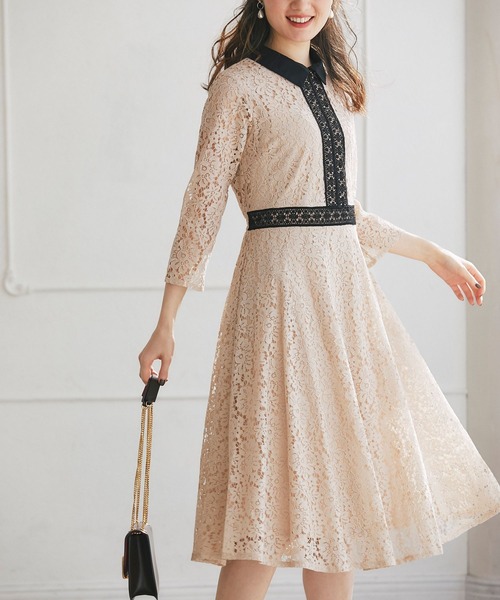襟付き配色フラワーレース七分袖ワンピース ワンピース Tocco Closet トッコ ワンピース クローゼット のファッション