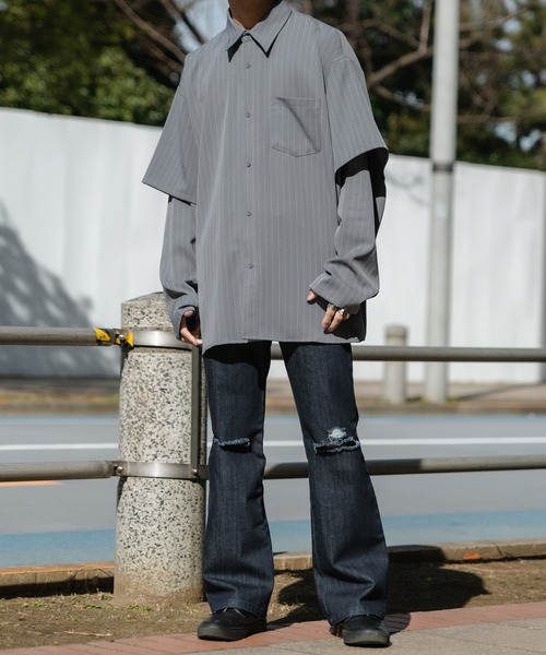 Adoon plain（アドーンプレーン）の「【Adoon plain】スリーブレイヤードシャツ（シャツ/ブラウス・メンズ・ホワイト/ブラック/グレイッシュブルー・MEDIUM/LARGE）」の12枚目の写真