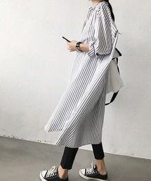 大人カジュアル ミディ丈ストライプシャツワンピース