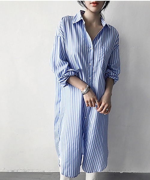大人カジュアル ミディ丈ストライプシャツワンピース シャツワンピース Ritzy リッツィー のファッション セール