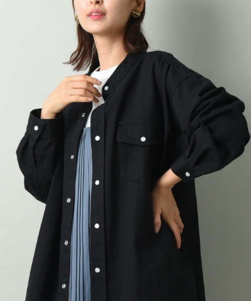 INTERPLANET（インタープラネット）の「バンドカラーデニムシャツワンピース（シャツワンピース・レディース・ブラック/ブルー・FREE）」の8枚目の写真