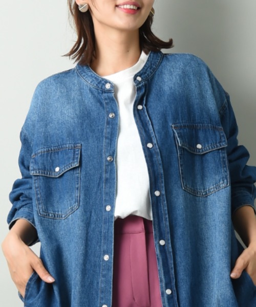 INTERPLANET（インタープラネット）の「バンドカラーデニムシャツワンピース（シャツワンピース・レディース・ブラック/ブルー・FREE）」の5枚目の写真