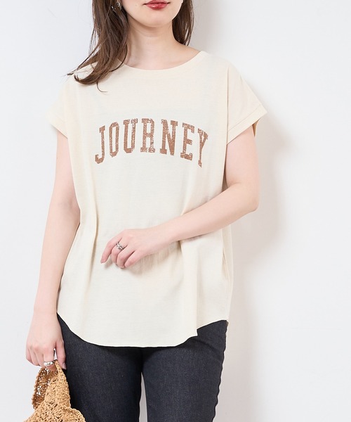 natural couture(ナチュラルクチュール)の「【サスティナブル素材】カレッジエコノースリーブ(Tシャツ/カットソー・レディース・オフホワイト/アイボリー/ラベンダー/スミクロ・FREE)」の3枚目の写真