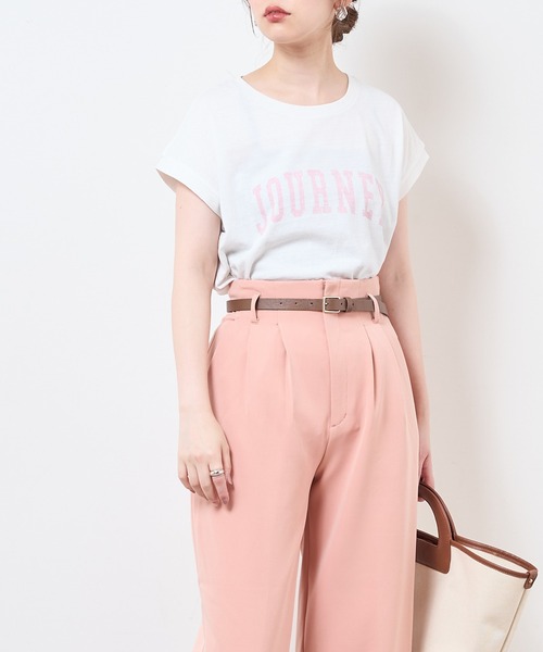 natural couture(ナチュラルクチュール)の「【サスティナブル素材】カレッジエコノースリーブ(Tシャツ/カットソー・レディース・オフホワイト/アイボリー/ラベンダー/スミクロ・FREE)」の6枚目の写真